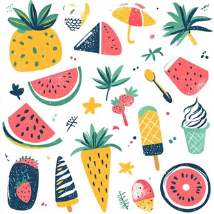 夏日缤纷水果与甜品插画
