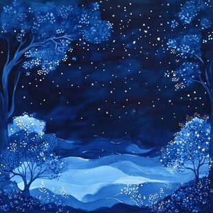 梦幻蓝调森林星空夜景图