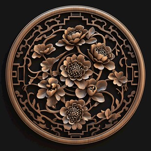圆形木雕牡丹纹饰图案