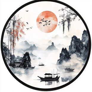 水墨山水间的落日扁舟景
