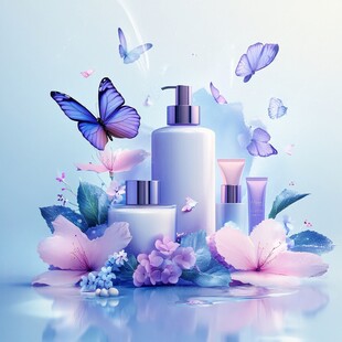 梦幻花卉环绕的护肤品组合