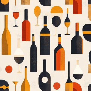 葡萄酒瓶与酒杯的几何图案