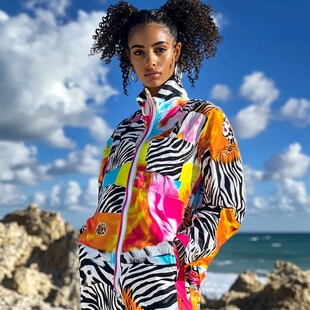 时尚女士身着多彩斑马纹外套