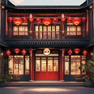 中式古建酒家 红灯笼高挂