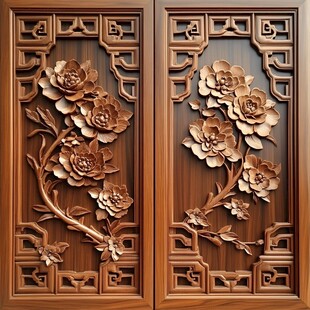 中式木雕牡丹花鸟装饰板