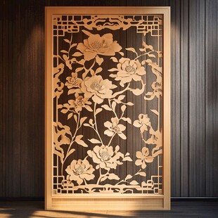 中式木雕花卉屏风艺术品