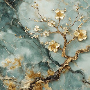 玉质背景上的金色梅花图案