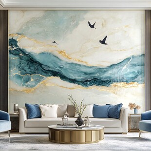 轻奢风客厅之山水飞鸟壁画