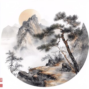 水墨山水间的孤松迎日景