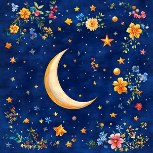 梦幻月夜花卉星空插画