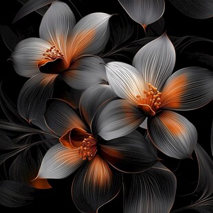 黑底橙灰相间梦幻花卉图