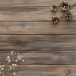 木质背景上的松果与小花