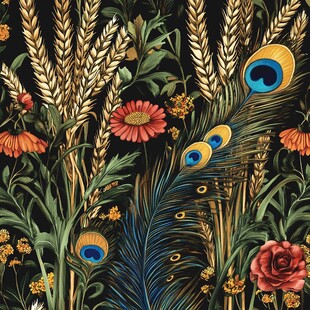 孔雀麦穗花卉图案壁纸