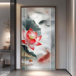 中式荷花锦鲤入户门装饰画