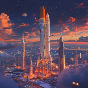 夜幕下的宏伟火箭发射基地