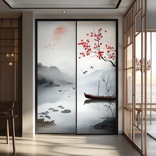 中式山水花鸟移门装饰画