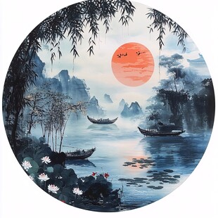 夕阳下的山水行舟图