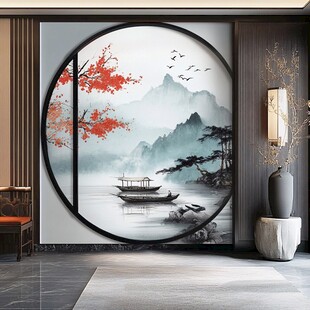中式山水圆屏玄关装饰画