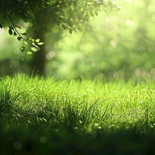 阳光下的翠绿草地与枝叶