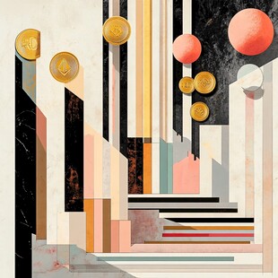 几何空间中的金币漂浮景象