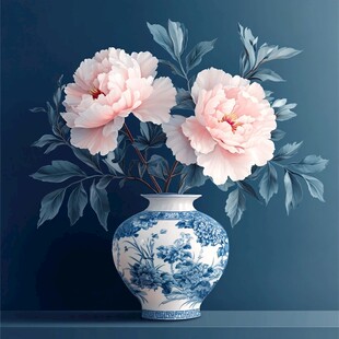 蓝白瓷瓶插两枝粉艳牡丹