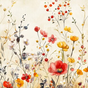 水彩绘就的缤纷野花图景