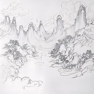 水墨山水线描风景图