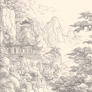 中式山水楼阁白描图