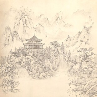 中式山水楼阁古风线描画