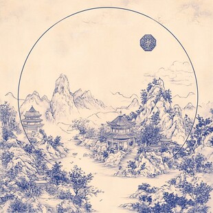 中式山水青花瓷图案