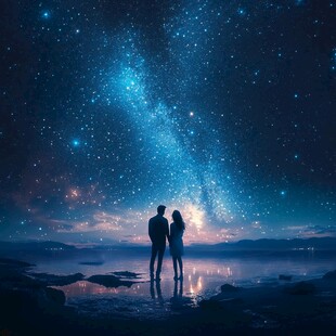情侣共赏璀璨星空夜景