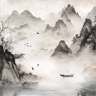 水墨山水间的孤舟飞鸟
