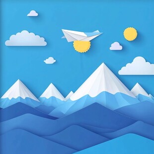 纸飞机翱翔于山川蓝天间