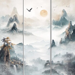 三联水墨山水意境图
