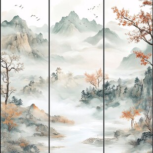 三联水墨山水意境画