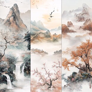 山水国画三联 诗意自然景