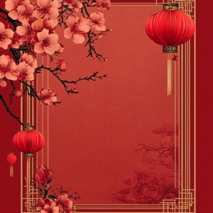 中式红底桃花灯笼喜庆图