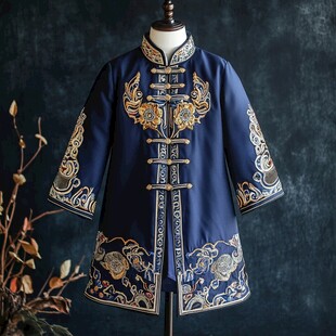 中式深蓝刺绣复古风长袍
