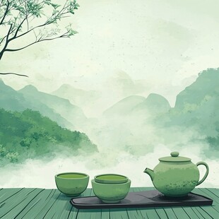 山间绿韵 茶具与自然之景