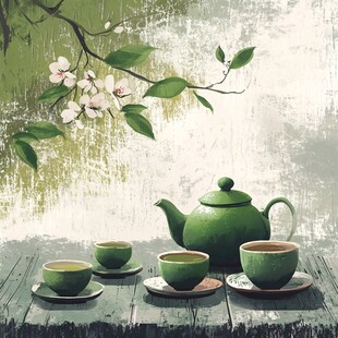 绿壶茶杯伴花枝的惬意时光