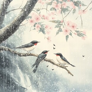 雨中栖枝燕 樱花伴景美