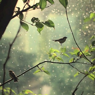 雨中栖枝小鸟的灵动瞬间