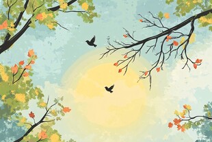 秋日暖阳下的飞鸟与树林
