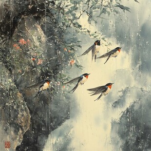 雨中山崖间的灵动飞燕