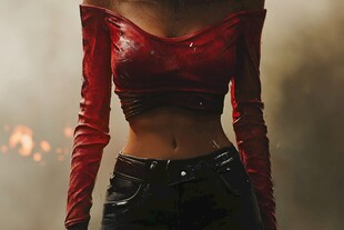 红色露肩上衣时尚女性