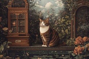 花园中优雅端坐的斑纹猫咪