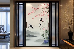 中式花鸟玻璃隔断门
