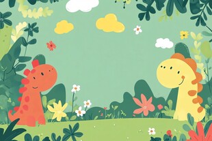 恐龙在绿意盎然的草地嬉戏