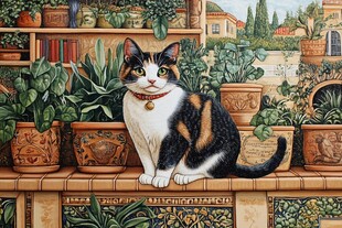 猫咪端坐于绿植花盆间