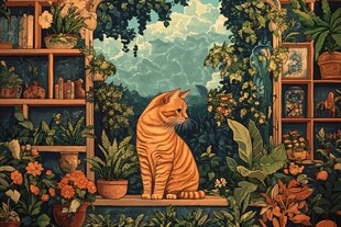 橘猫栖于绿植环绕的窗台